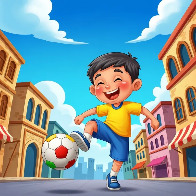 Cartoon Child Playing Joyfully on Street