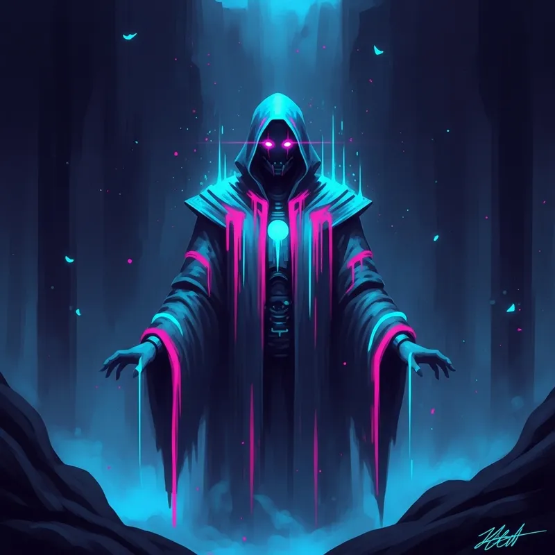 Enigmatic Cyberpunk Figure: Ethereal Neon Sci-Fi Art