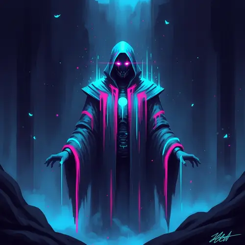 Captivating Sci-Fi Concept Art: Enigmatic Figure in Neon Colors
