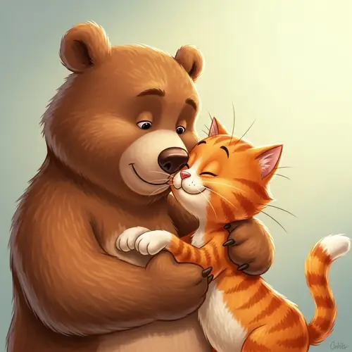 Adorable Bear and Playful Cat Sharing Tender Moment | Digital Painting
