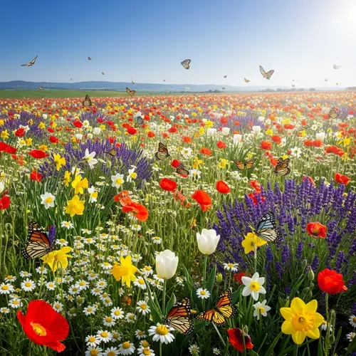 Spring Field with Vibrant Flowers and Butterflies - A Serene Snapshot