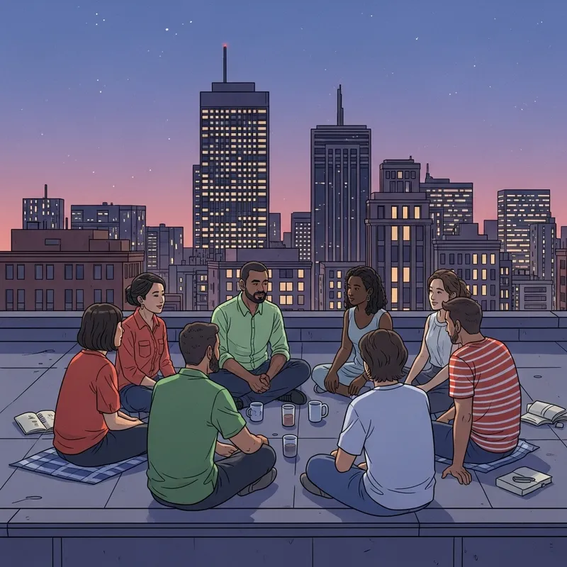 Illustrated Diverse Group Sitting on Building Rooftop