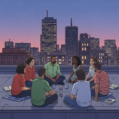 Diverse Group Sitting Together on Building Rooftop Illustration