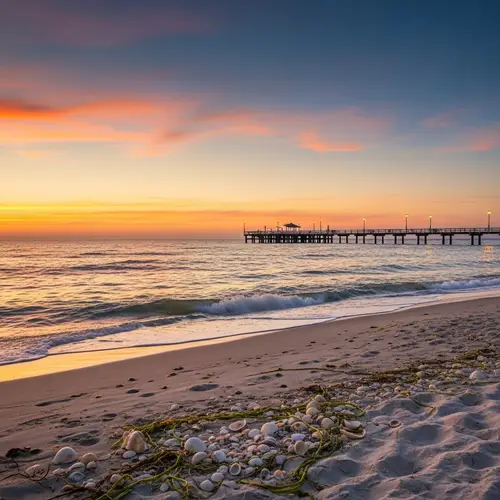 Vintage Seascape Sunset | Calm Sea & Wooden Pier