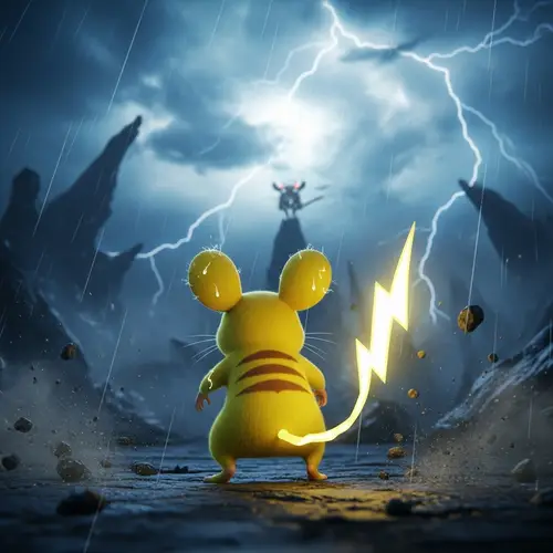 Pikachu's back, urgent and dynamic scene