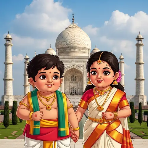 Colorful South Indian Kids with Taj Mahal Background