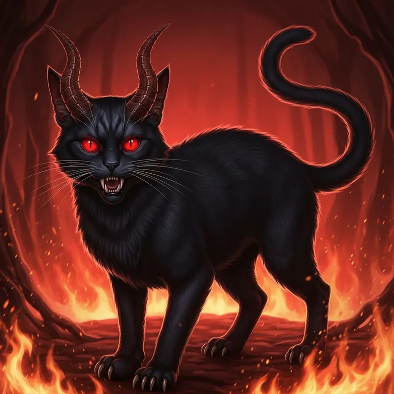Diabolical Cat-Demon Hybrid in Hellish Realm Diabolical Cat-Demon Hybrid in Hellish Realm