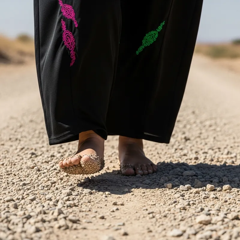 Woman Walking Barefoot on Gravel with Dirty Feet
