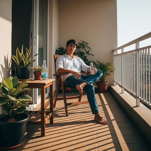 Serene Balcony Scene: Confident Asian Man Enjoying Sunlight