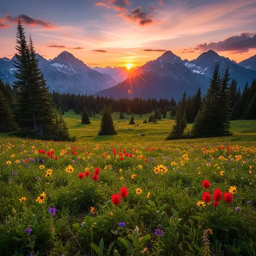 Majestic Sunset Scene: Diverse Wildflowers & Snow-Capped Peaks