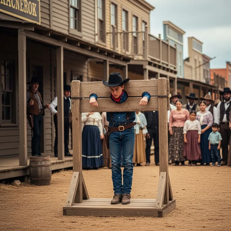 Young Cowboy in Pillory - Wild Western Scene with Diverse Spectators
