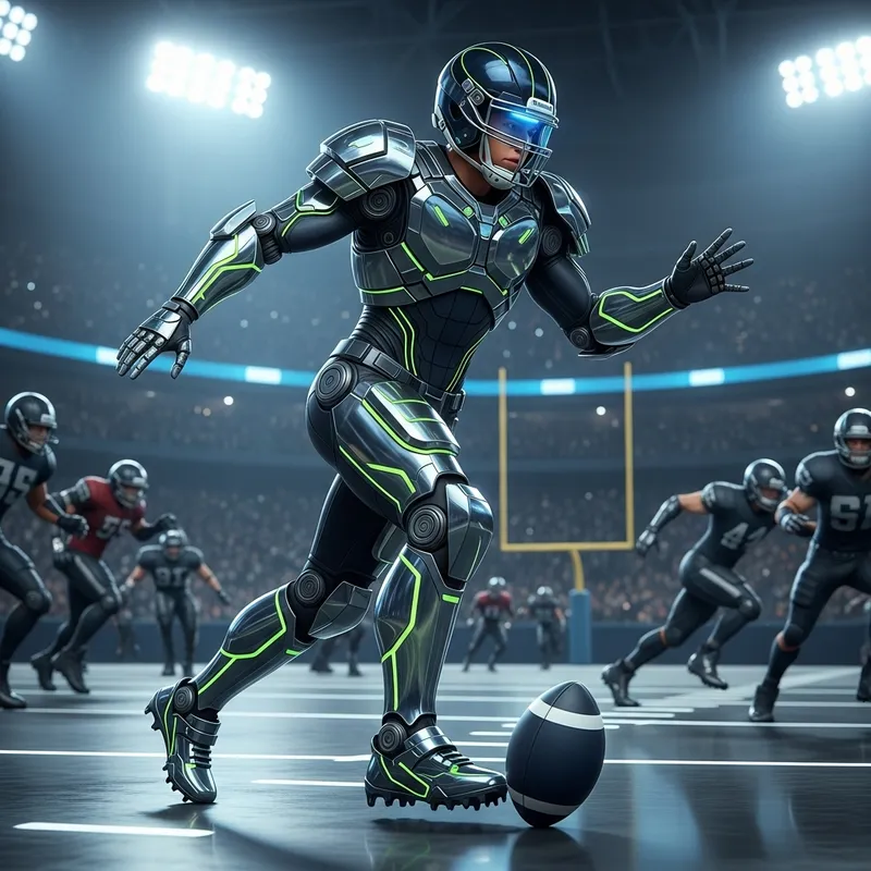Mecha-Style Football Player on Field | Youthful Action Scene Mecha-Style Football Player on Field | Youthful Action Scene