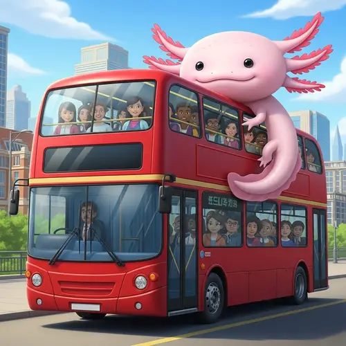 Vibrant Scene: Double Decker Bus Meets Playful Axolotl