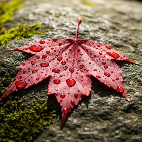 Macro Close-Up of Wet Red Maple Leaf on Moss-Covered Rock