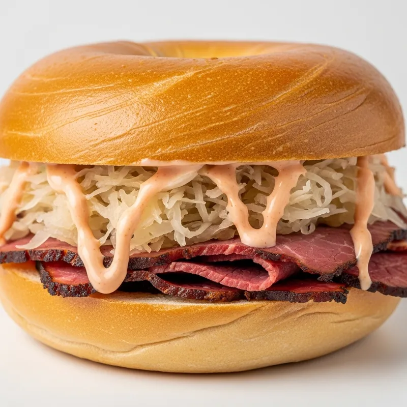 Delicious Pastrami Bagel with Sauerkraut and Thousand Island