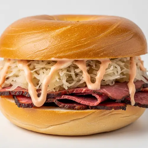 Savory Pastrami Bagel with Sauerkraut and Thousand Island Dressing