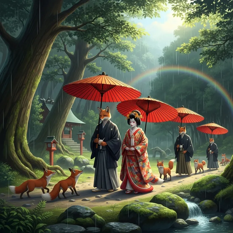 Fox Wedding Procession: Traditional Japanese Folklore Imagery