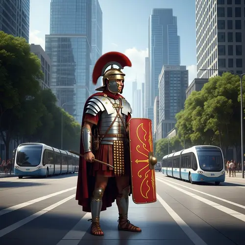Roman Soldier in Futuristic City: Bridging Past and Future