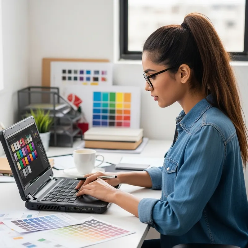 Elegant Designer Woman Creating on Laptop