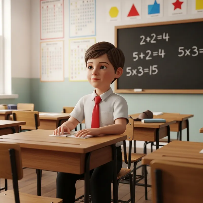 3D Caucasian Boy in Primary School Math Classroom