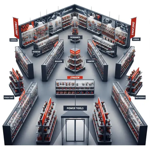 Power Tools Store Design: Triangular Display Cases for Drills, Saws & More