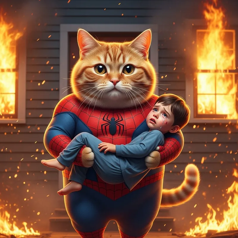 Real Life Hero: Cartoonish Chubby Ginger Cat Saves Boy in Spiderman Costume