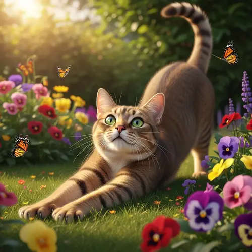 Enchanting Tawny-Coated Feline Stretching in Sunlight