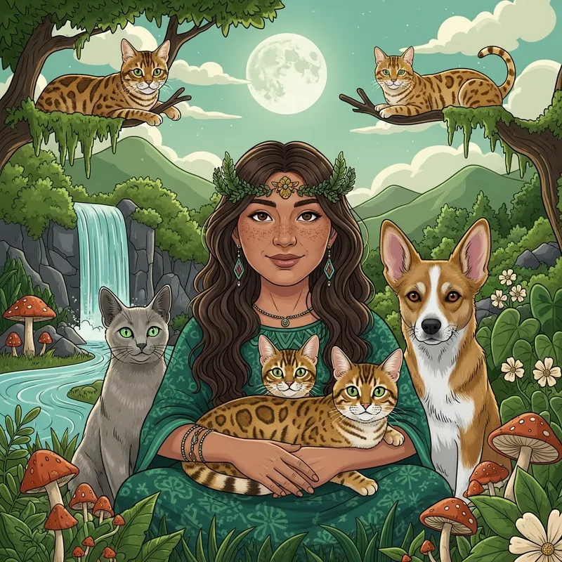 Golden Bengal Cat and Shaman Woman: Enchanting Nature Scene Under the Moonlight