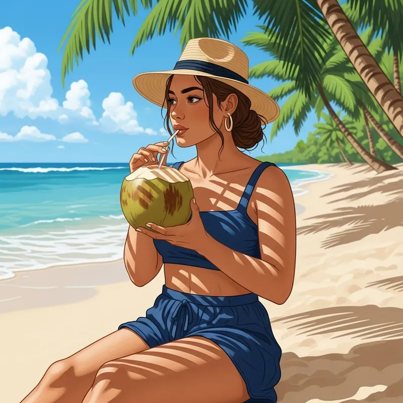 Polynesian Girl Sipping Coconut on Sandy Tropical Beach Polynesian Girl Sipping Coconut on Sandy Tropical Beach