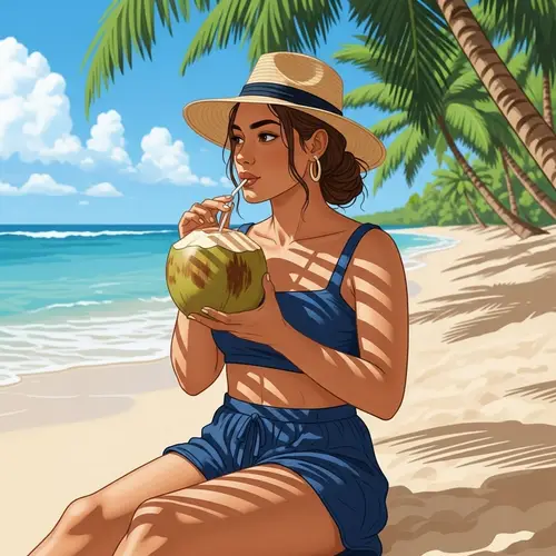 Polynesian Girl Sipping Coconut on Tropical Beach