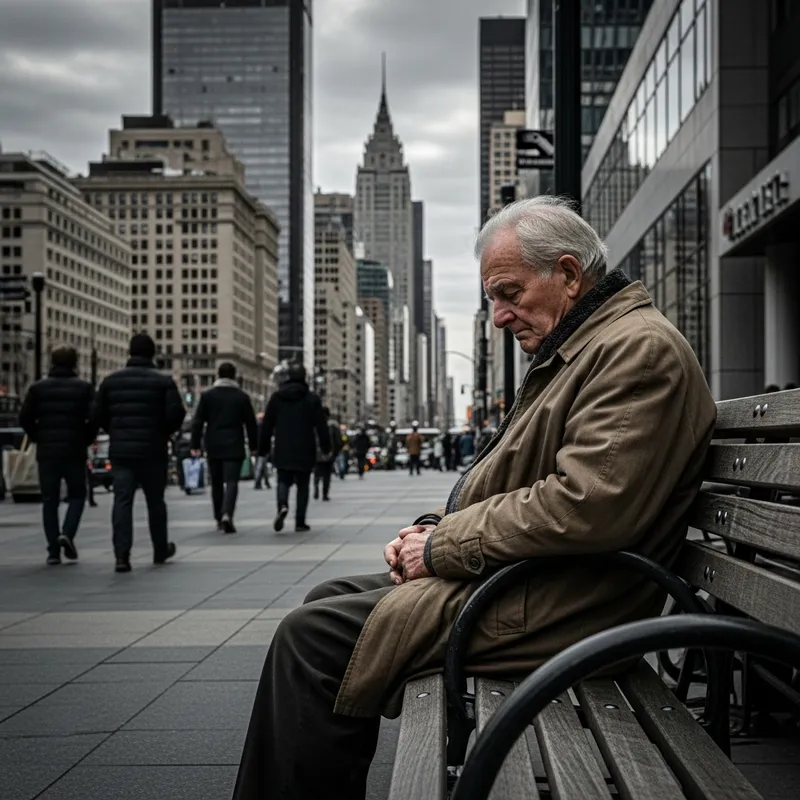 Old Depressed Man in Big City - A Moment of Solitude