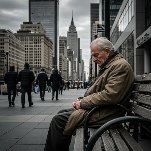 Old Depressed Man in Big City - A Moment of Solitude