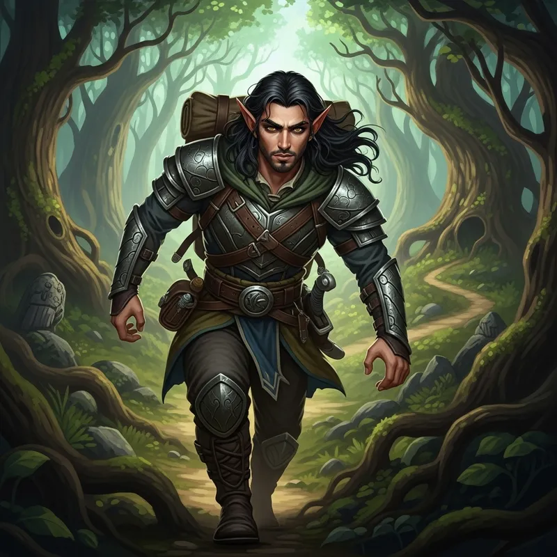Male Woodland Elf of Middle Eastern Descent | Curious Adventurer in Vibrant Forest