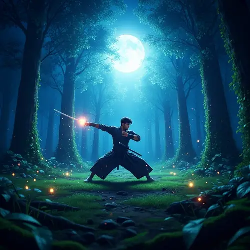 Vibrant Moonlit Samurai in Magical Forest