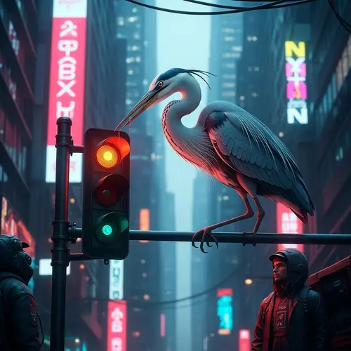Futuristic Urban Ensemble: Cyberpunk-Inspired Bird Art