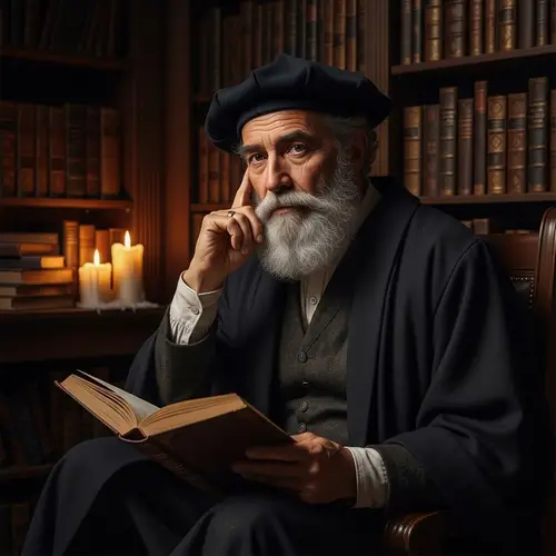 Wise Hispanic Scholar in Traditional Attire - Secluded Library Scene