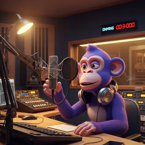 Animated Purple Monkey Podcaster in Contemporary Studio