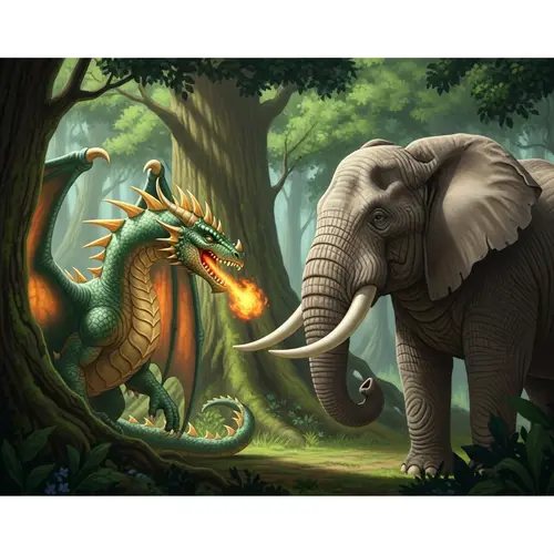Emerald Green Dragon and Colossal Elephant Encounter in Enchanted Forest