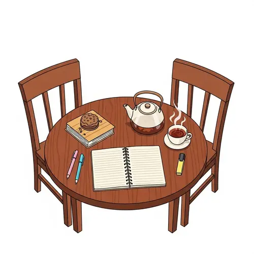 Cherry Wood Table Setting with Journal and Tea | Tranquil Scene