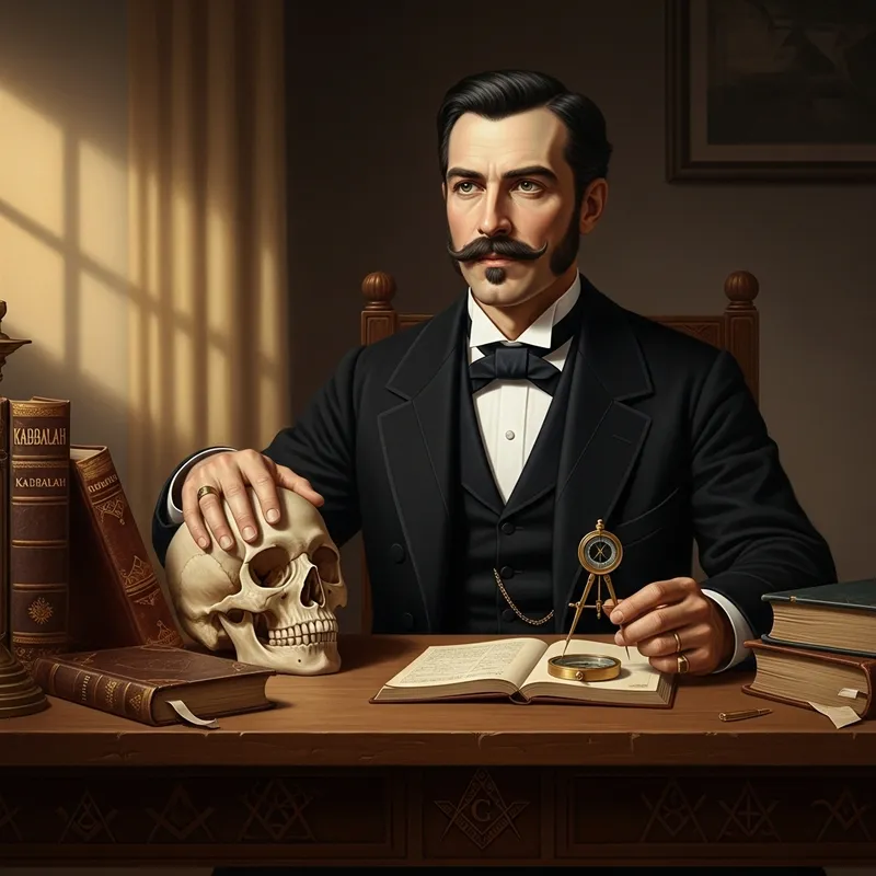 Masonic Occultist in 19th Century Black Suit with Skull and Compass Masonic Occultist in 19th Century Black Suit with Skull and Compass