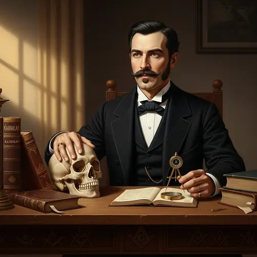 Masonic Figure in 19th Century Garb with Skull and Compass