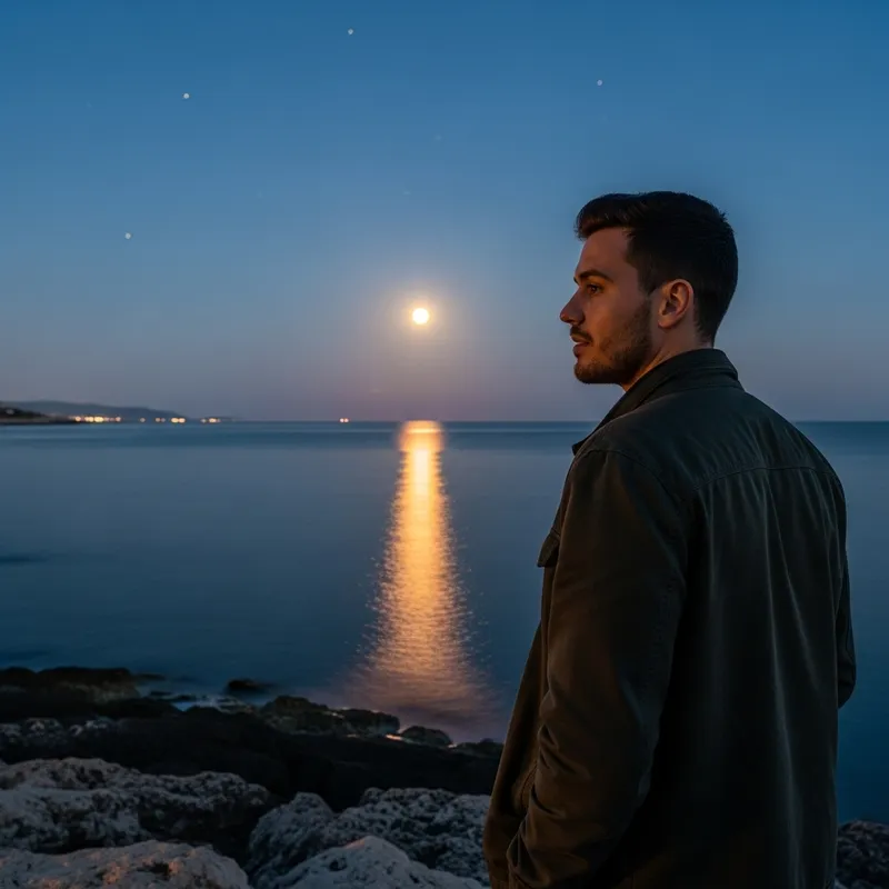 Hispanic Man Looking at Moon Reflection in the Sea