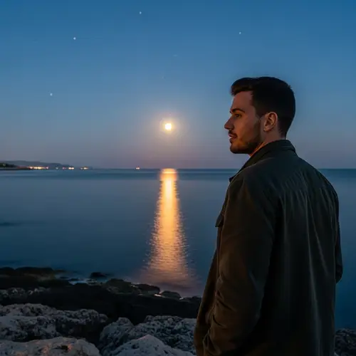 Hispanic Man Observing Moon Reflection in Sea