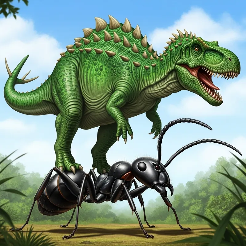 Intriguing Scene: Dinosaur Balancing on Oversized Ant