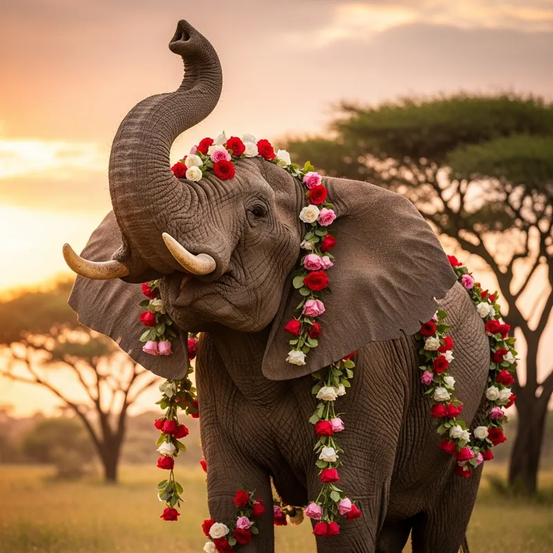 Elephant with Opened Ears and Trunk Holding Roses
