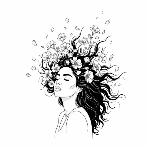 Contemporary Black and White Wall Art: South Asian Woman with Abundant Hair and Flowers