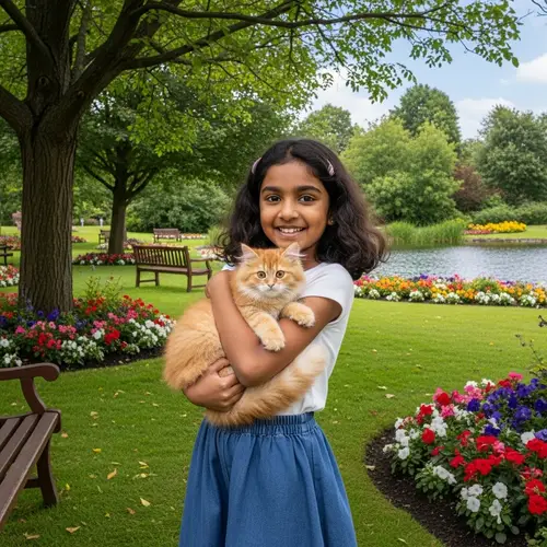 Smiling South Asian Girl with Fluffy Cat in Verdant Park