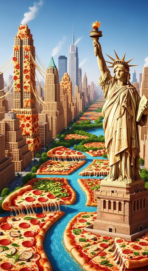 Pizza Cityscape: New York with Statue of Liberty in Pizza Form