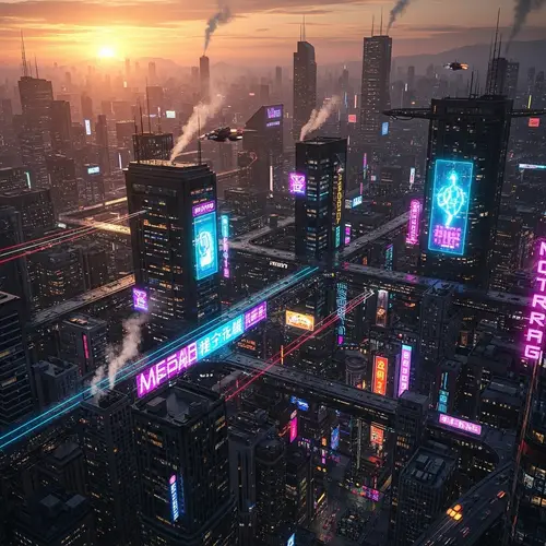 Vibrant Cyberpunk Cityscape at Sunset | Aerial Drone View