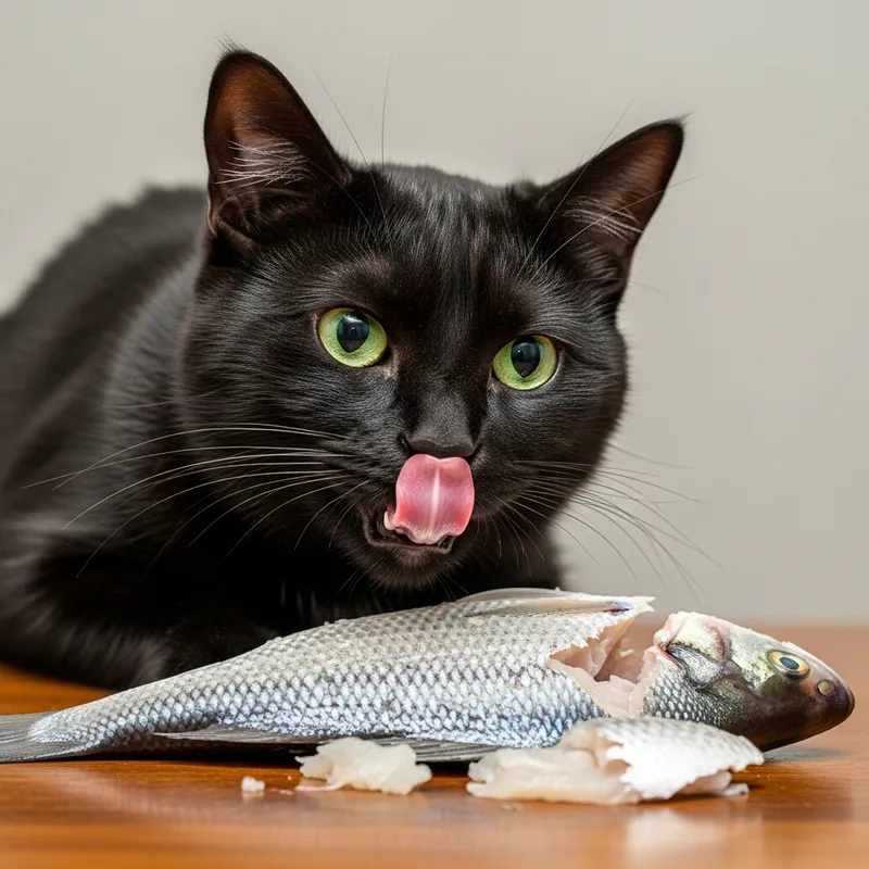 Black Cat Eating Fish on Table